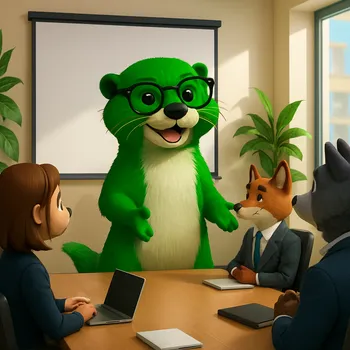 An office meeting led by a green otter as sustainbility partner