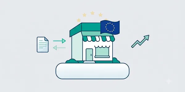 Illustratie: een MKB-winkel met de Europese vlag, een rapportagedocument en een stijgende pijl