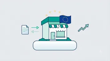 Illustratie: een MKB-winkel met de Europese vlag, een rapportagedocument en een stijgende pijl