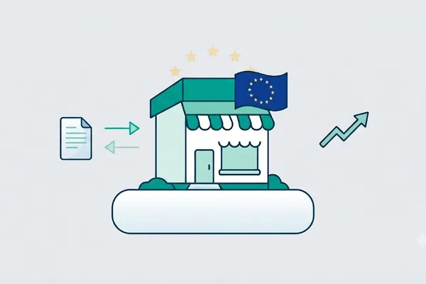 Illustratie: een MKB-winkel met de Europese vlag, een rapportagedocument en een stijgende pijl